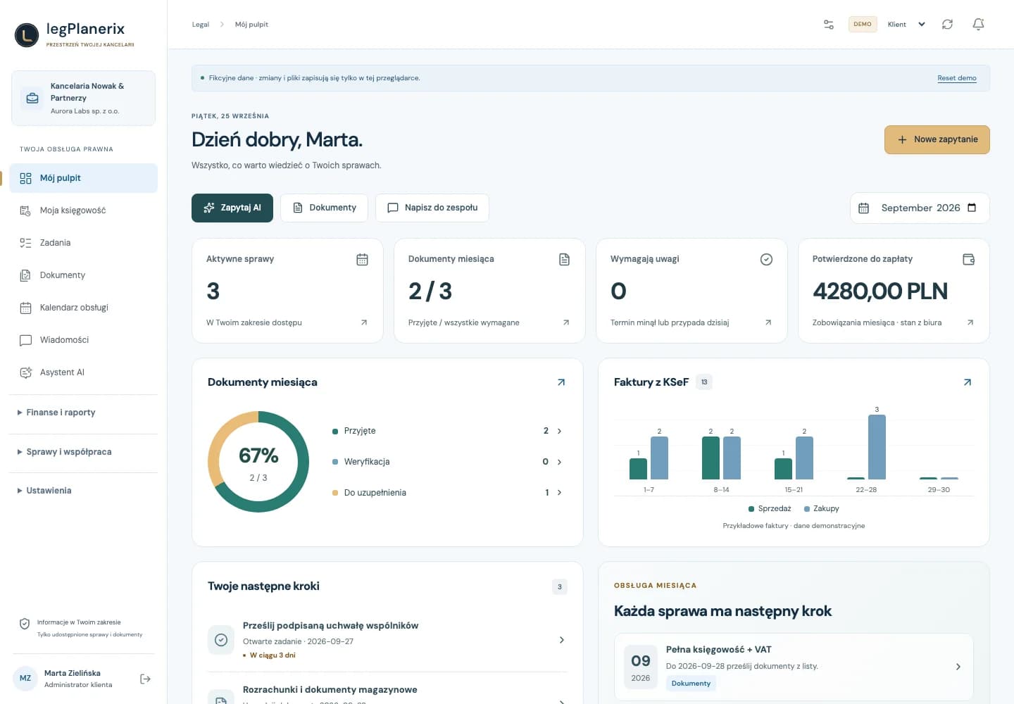 Planerix LEG client workspace with synthetic demonstration documents and monthly indicators
