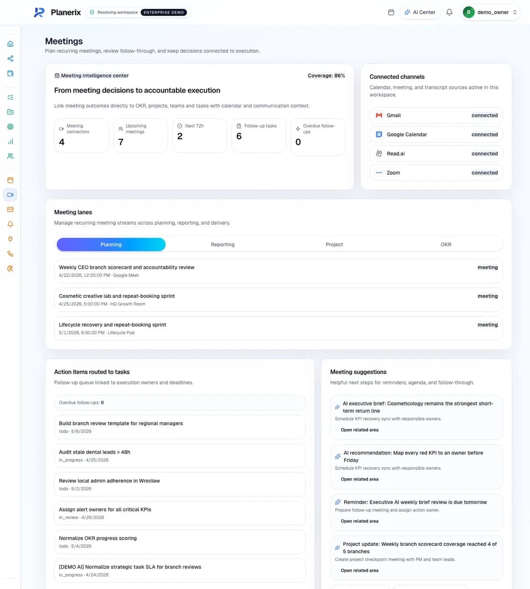 Planerix Workspace meetings screen with synthetic demonstration tasks and follow-up